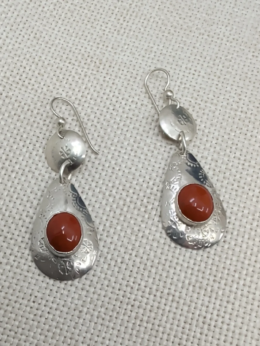 Vintage Sterling Silver Red Coral Cabochon Teardrop Dangle Earrings Artisan